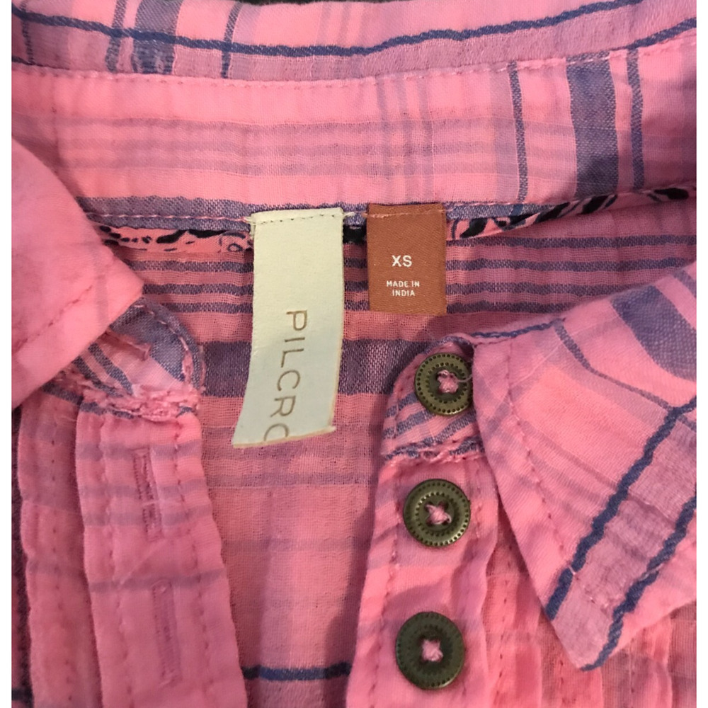 Anthro Pilcro Plaid Tunic XS Pink Blue Henley Pintuck High Low Shirt - Picture 8 of 11